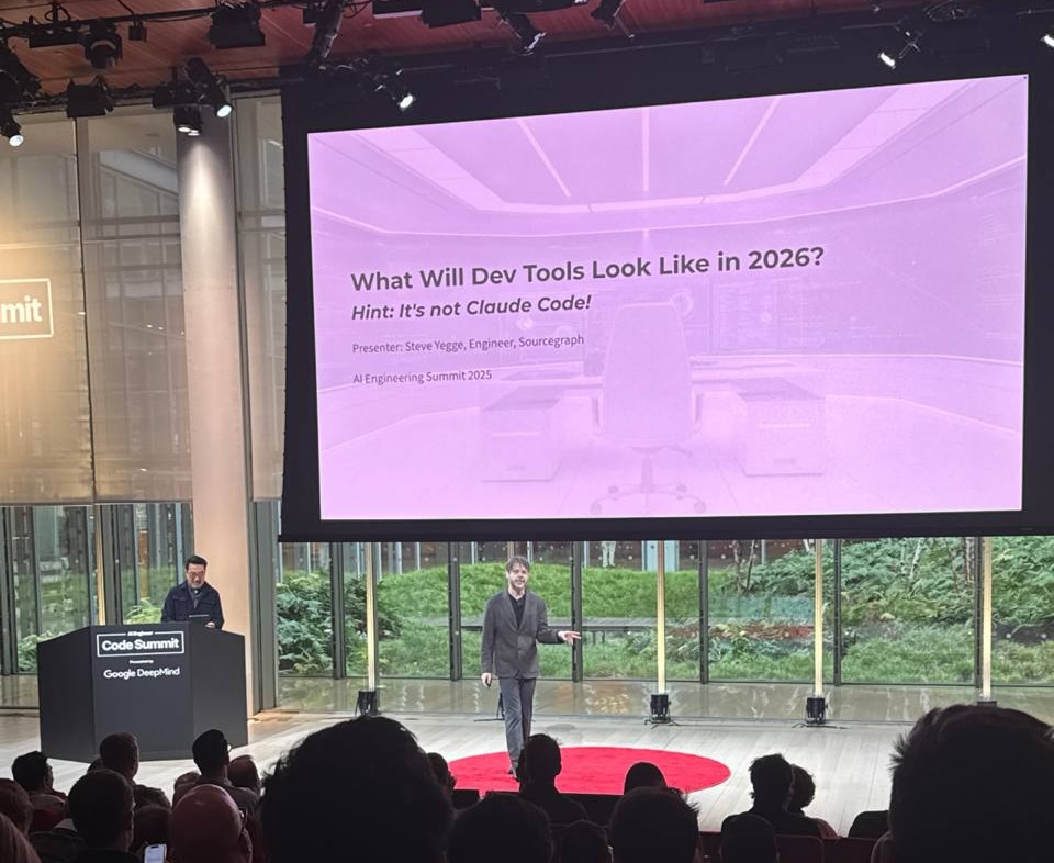 Steve Yegge on stage at AI Engineer CODE